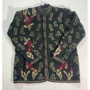 Nordic Design Cardigan Sweater Womens Large Black Floral Wool Blend Pockets